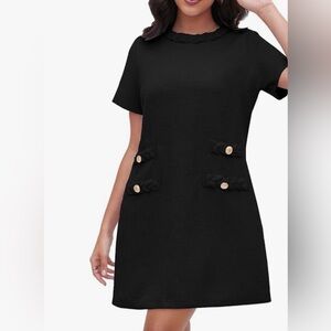 Chic Black Ladies Jackie O Style Dress with Gold Button Details